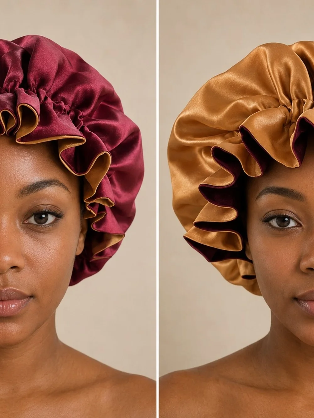 Reversible and Adjustable Satin Bonnet - Burgundy and Champagne Gold